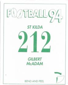 1994 Select AFL Stickers #212 Gilbert McAdam Back
